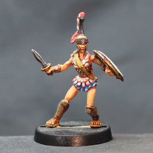 Amazon armored defending with sword and shield
