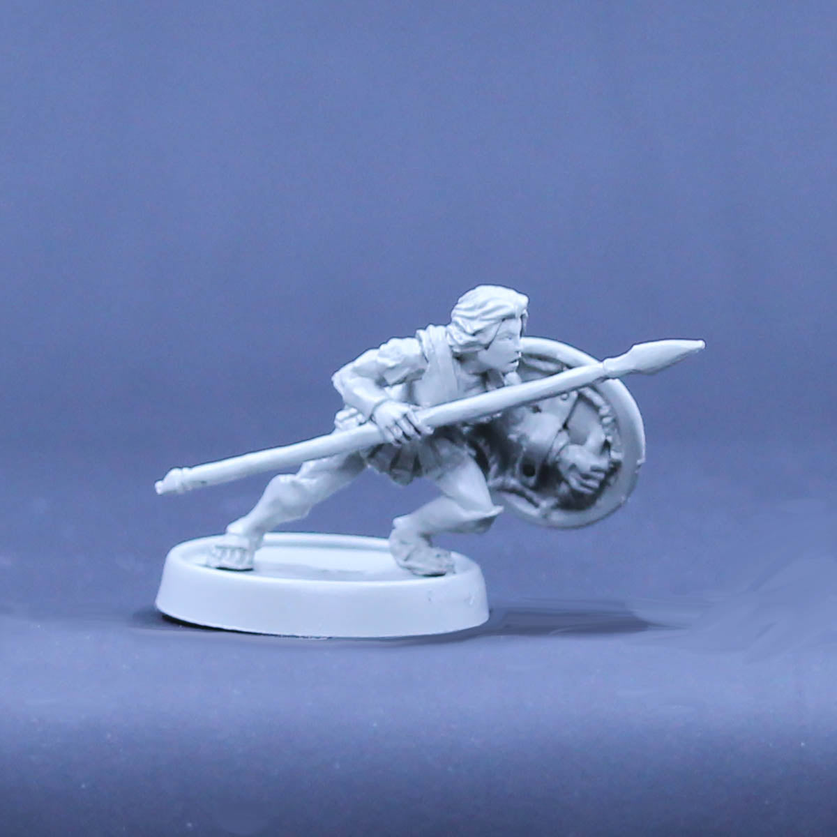 Amazon adventurer crouched with spear and shield