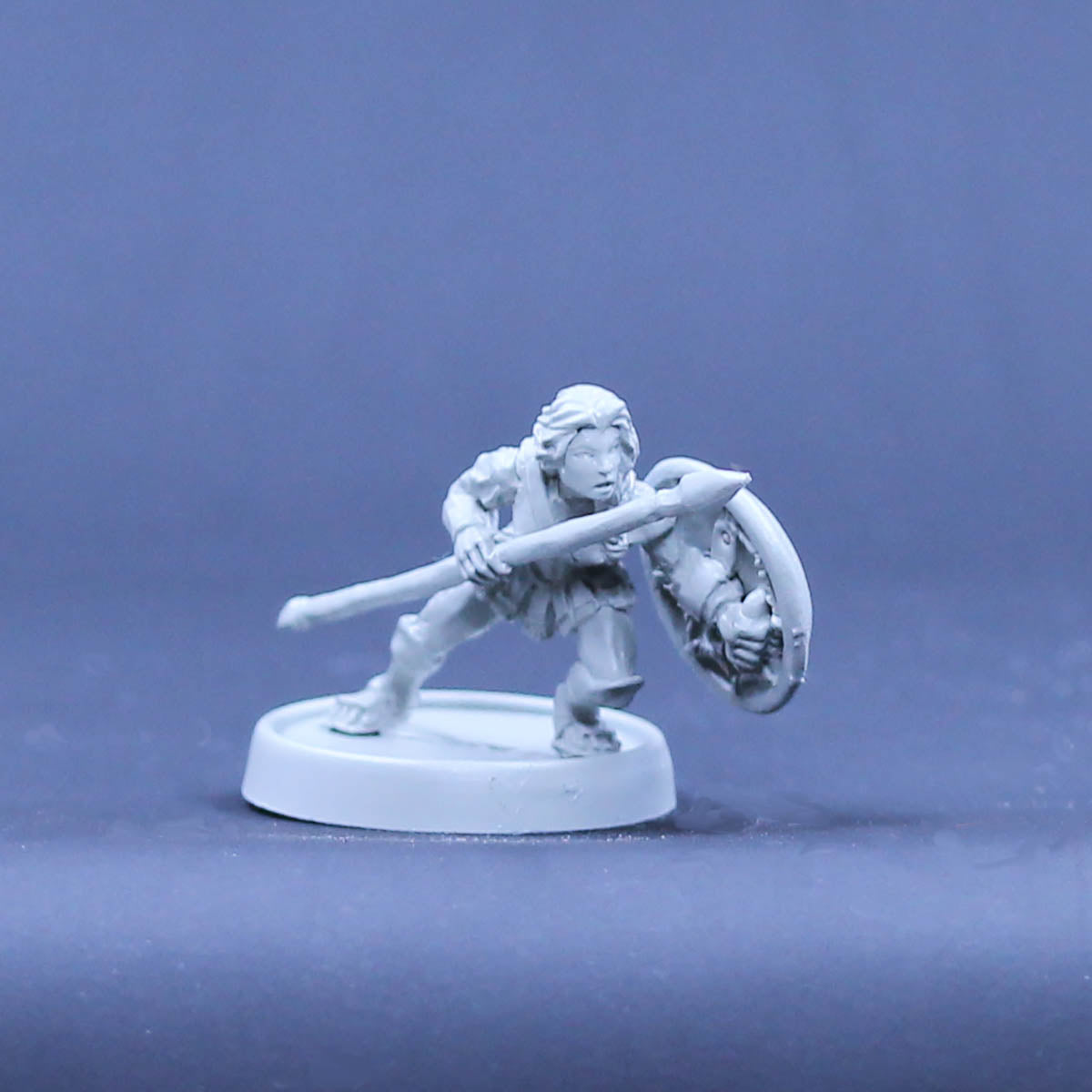 Amazon adventurer crouched with spear and shield