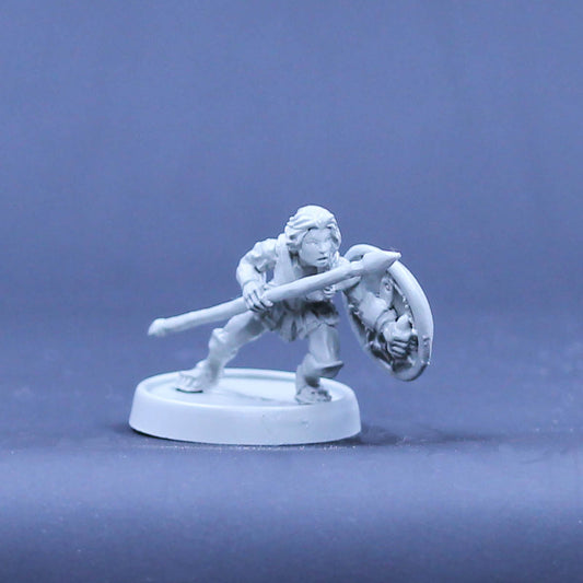 Amazon adventurer crouched with spear and shield
