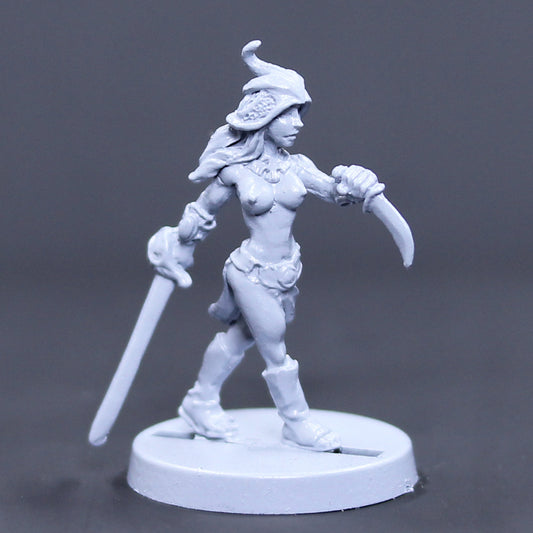 Female Red Man advancing with sword and dagger